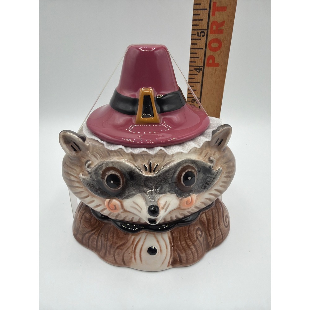 Johanna Parker Transpac Raccoon Pilgrim Hat Lidded Jar Thanksgiving Fall 5"